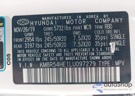 2020 Hyundai Palisade Limited z USA, uszkodzony, nr VIN KM8R54HE1LU097279